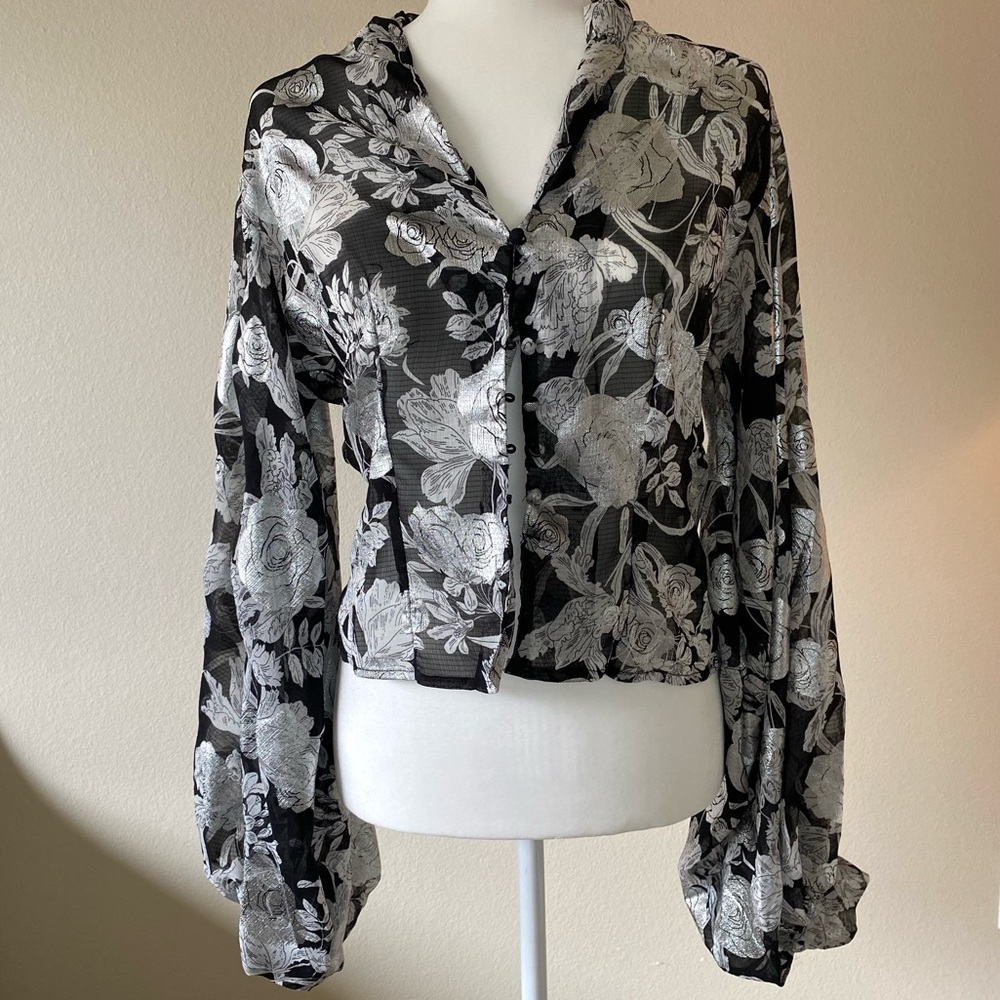 Nasty Gal Floral Mesh Balloon Sleeve Button Down Shirt